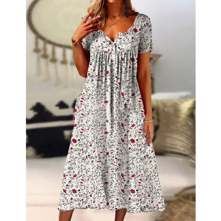 Annemarie Floral V-Ausschnitt A-Linie Damen Kurzarmkleid mit Taschen | Elegant Schmeichelnd Sommer Herbst Alltagskleid | Leicht - S-4XL