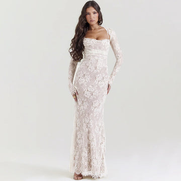 Lina Damen Langes Abendkleid | Spitzen Design, Maxi Schnitt- XS-L