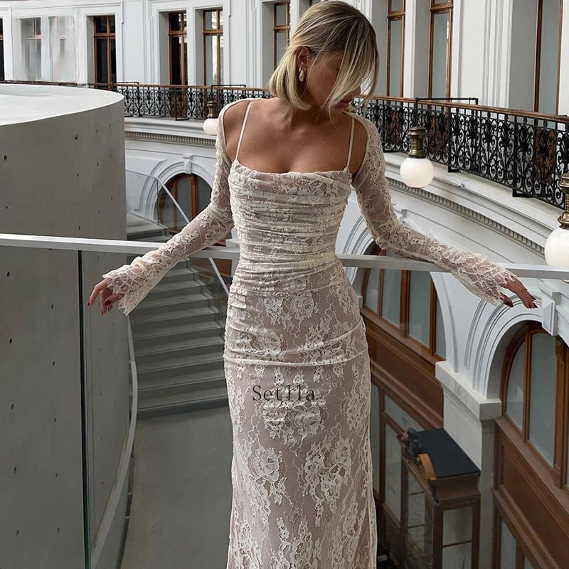 Lina Damen Langes Abendkleid | Spitzen Design, Maxi Schnitt- XS-L