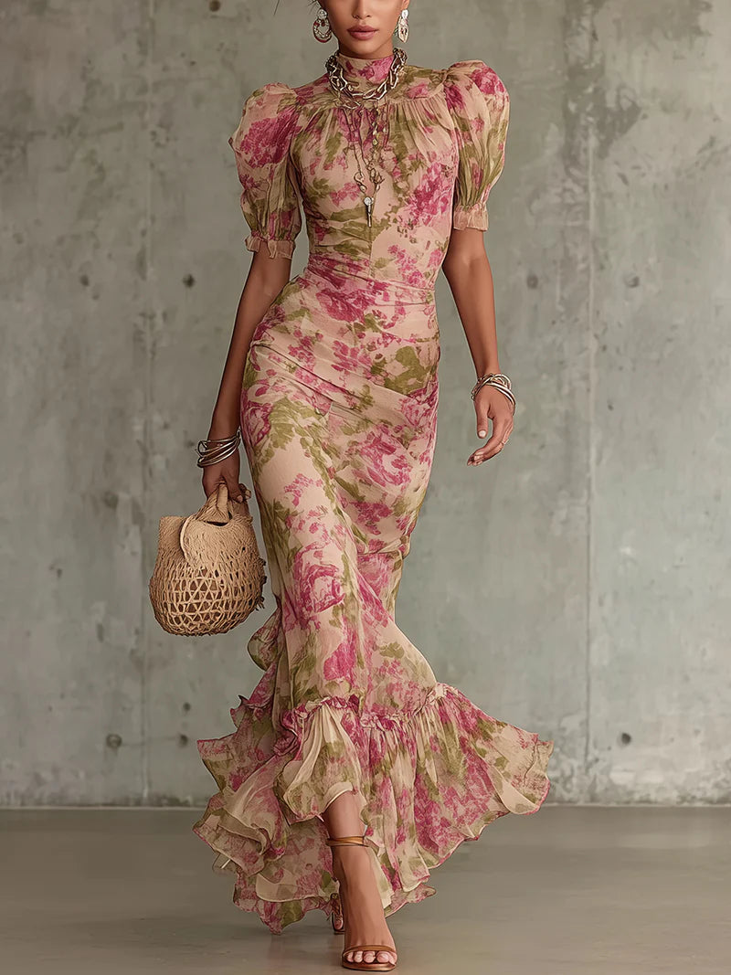 Lina Damen Maxikleid | Romantischer Rosendruck, Puffärmel