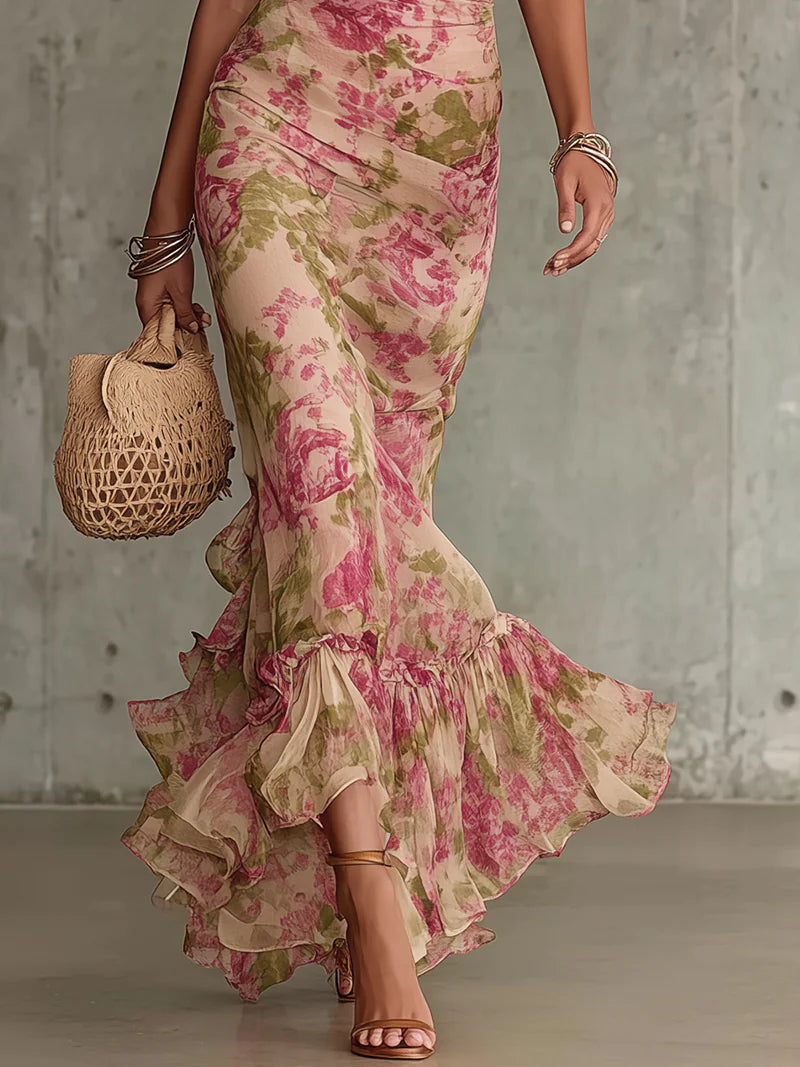 Lina Damen Maxikleid | Romantischer Rosendruck, Puffärmel