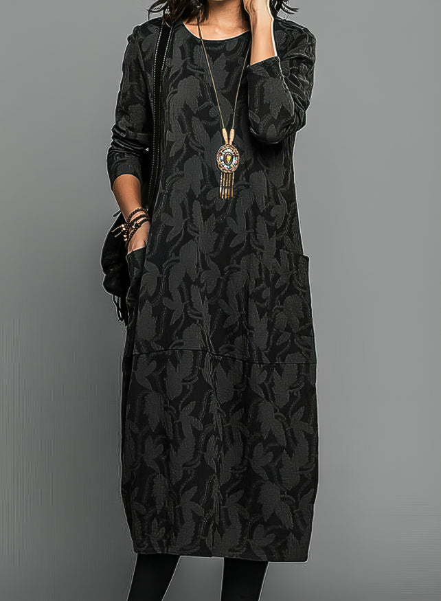 Lina Damen Midi Kleid | Langarm, Seitentaschen, Gemustert- S-3XL
