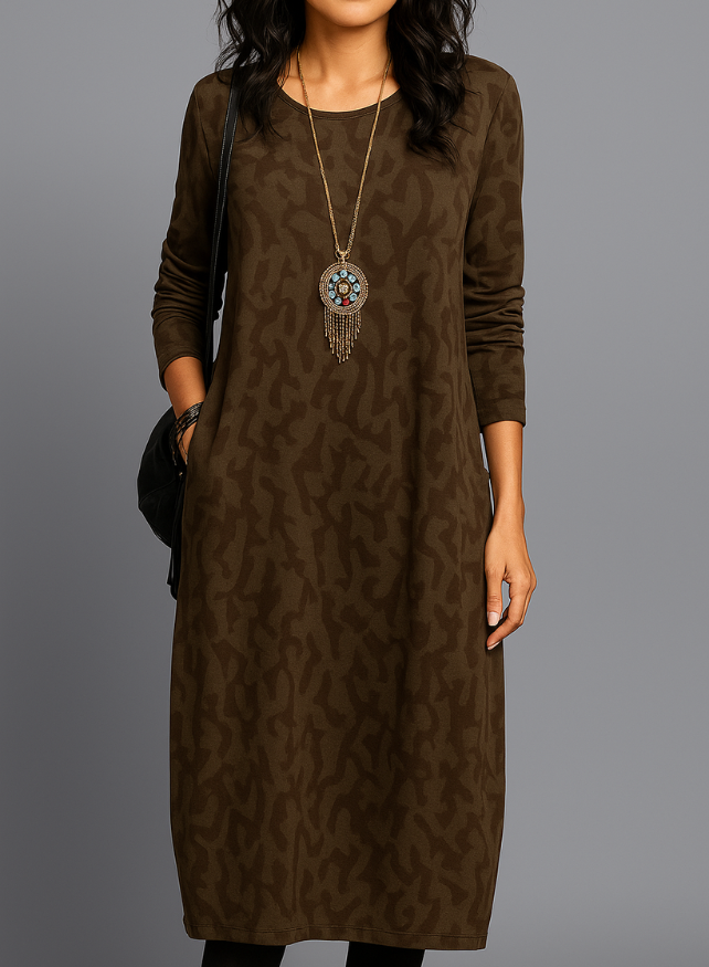 Lina Damen Midi Kleid | Langarm, Seitentaschen, Gemustert- S-3XL