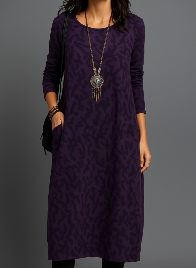 Lina Damen Midi Kleid | Langarm, Seitentaschen, Gemustert- S-3XL