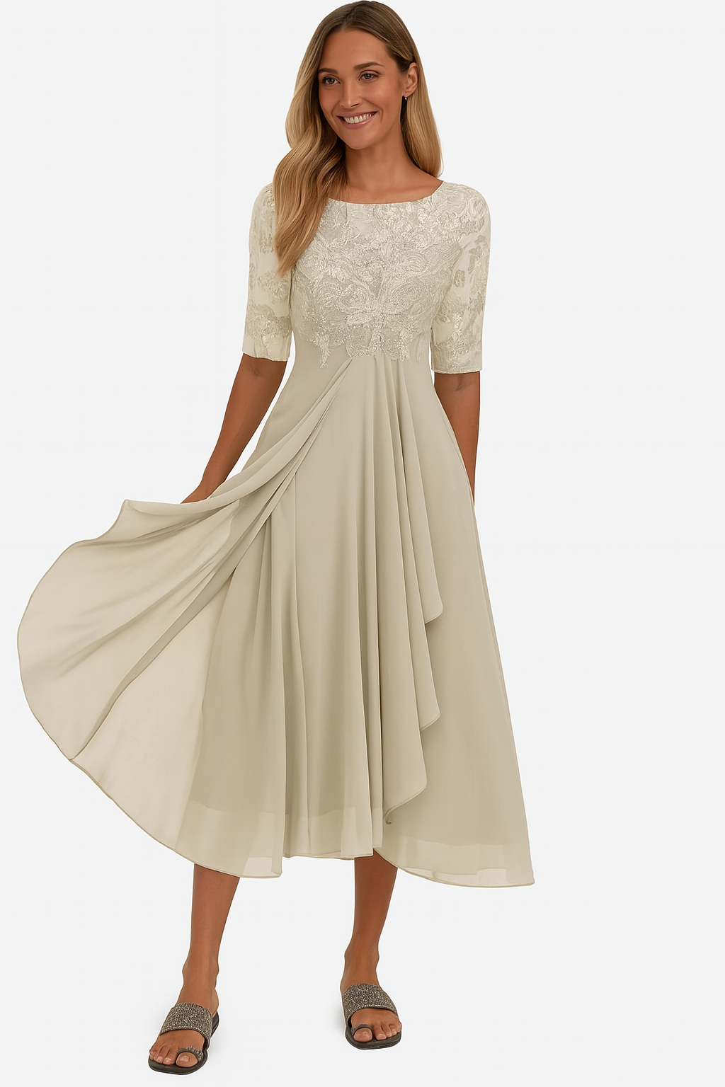 Lina Damen Midi Kleid | Spitze und Fließender Stoff- S-3XL