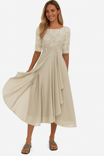 Lina Damen Midi Kleid | Spitze und Fließender Stoff- S-3XL