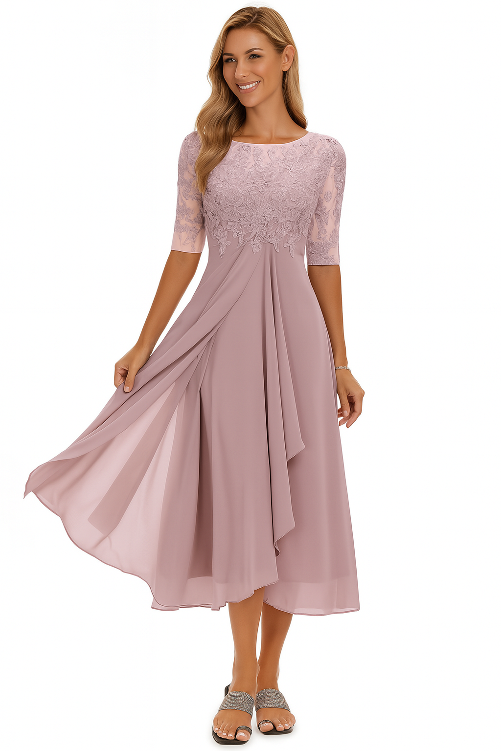 Lina Damen Midi Kleid | Spitze und Fließender Stoff- S-3XL
