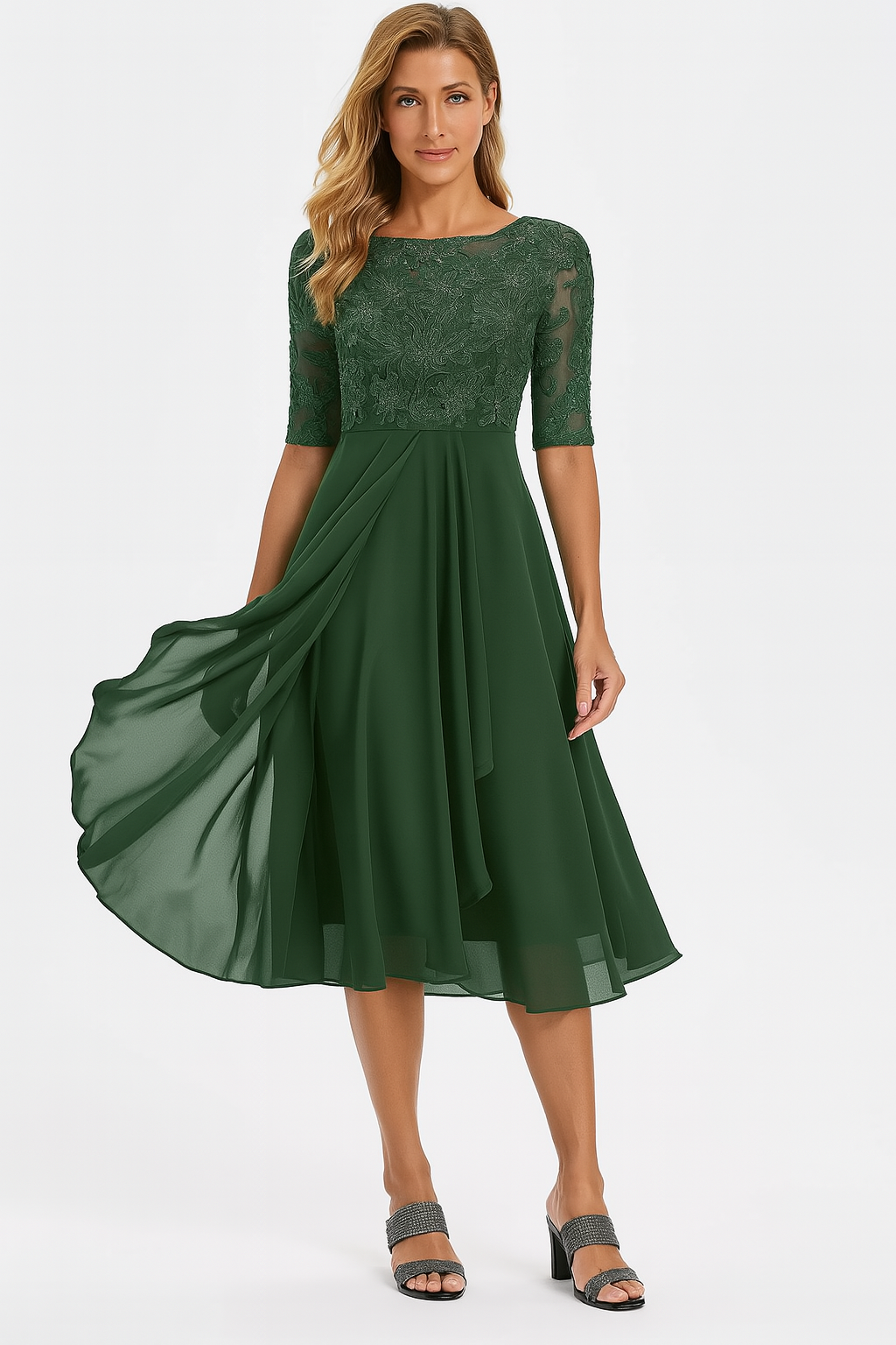 Lina Damen Midi Kleid | Spitze und Fließender Stoff- S-3XL