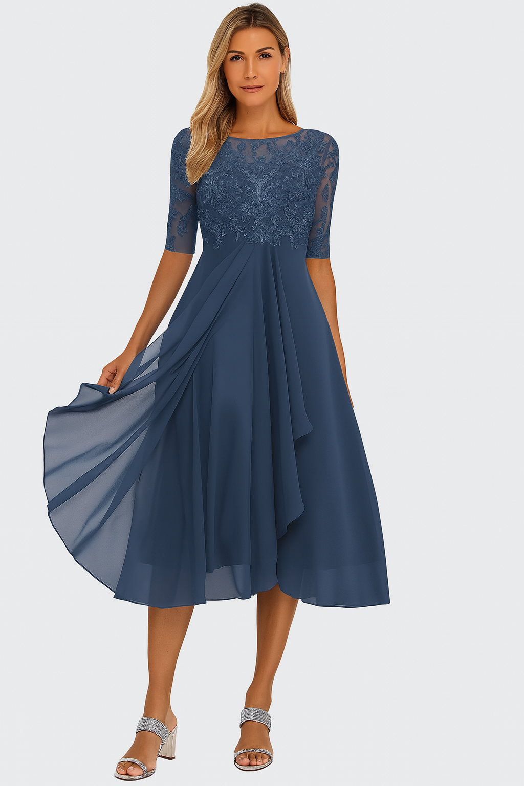 Lina Damen Midi Kleid | Spitze und Fließender Stoff- S-3XL