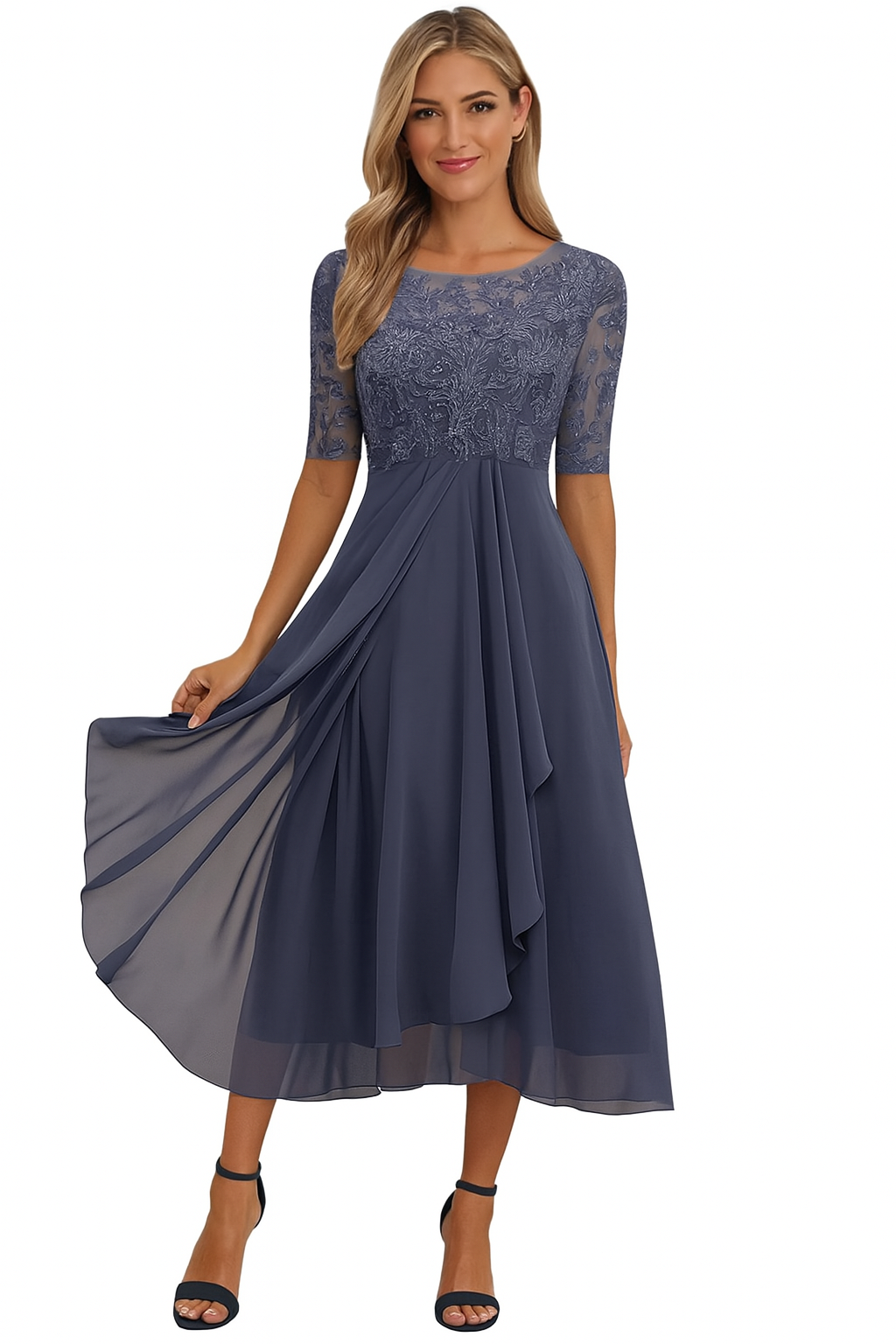 Lina Damen Midi Kleid | Spitze und Fließender Stoff- S-3XL
