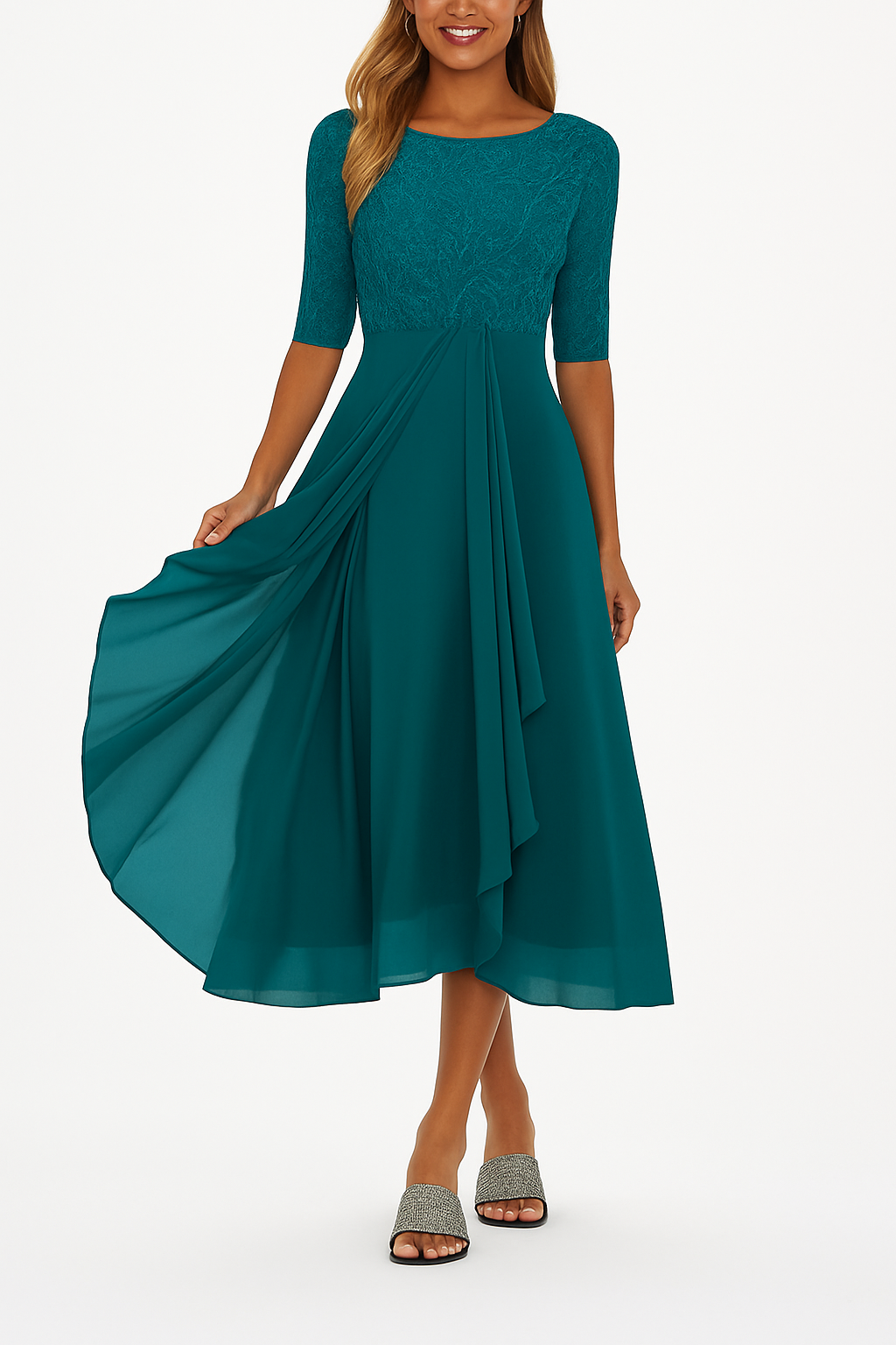 Lina Damen Midi Kleid | Spitze und Fließender Stoff- S-3XL
