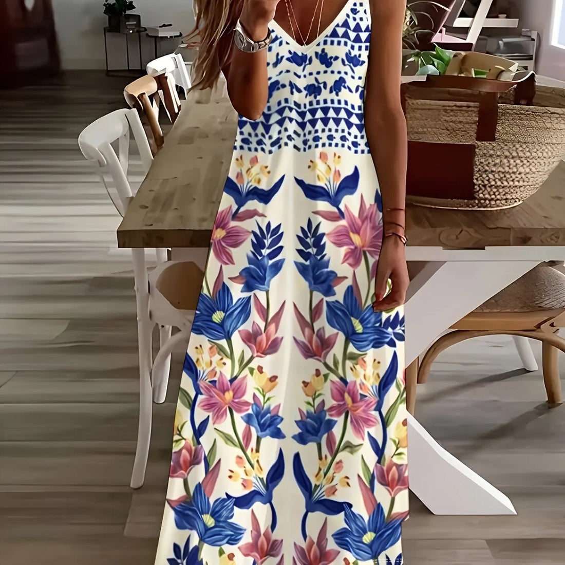 Margrit Mehrfarbig Blumen V-Ausschnitt A-Linie Damen Sommerkleid | Leicht Luftig Fliessend Strand Gartenparty Kleid | Bequem - S/M/L/XL/XL
