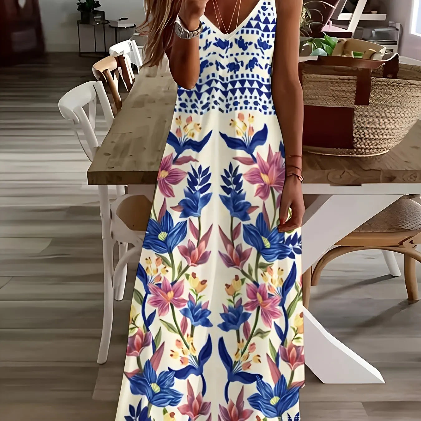 Margrit Mehrfarbig Blumen V-Ausschnitt A-Linie Damen Sommerkleid | Leicht Luftig Fliessend Strand Gartenparty Kleid | Bequem - S/M/L/XL/XL
