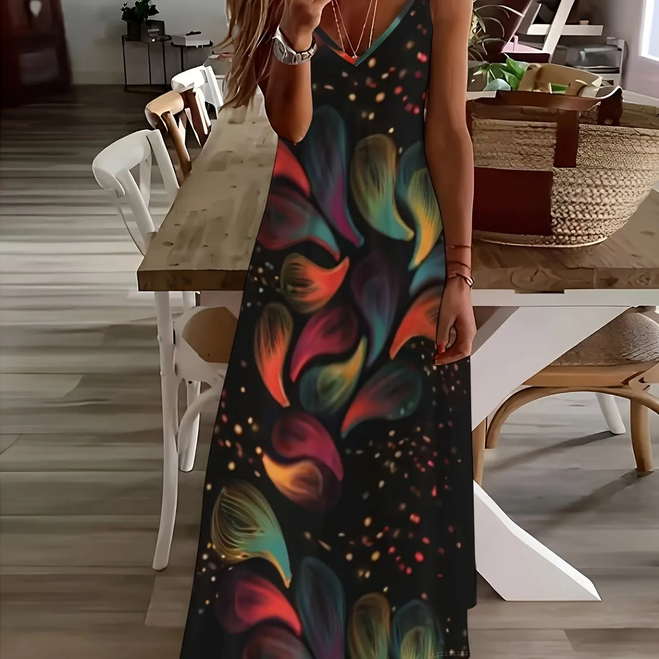 Margrit Mehrfarbig Blumen V-Ausschnitt A-Linie Damen Sommerkleid | Leicht Luftig Fliessend Strand Gartenparty Kleid | Bequem - S/M/L/XL/XL