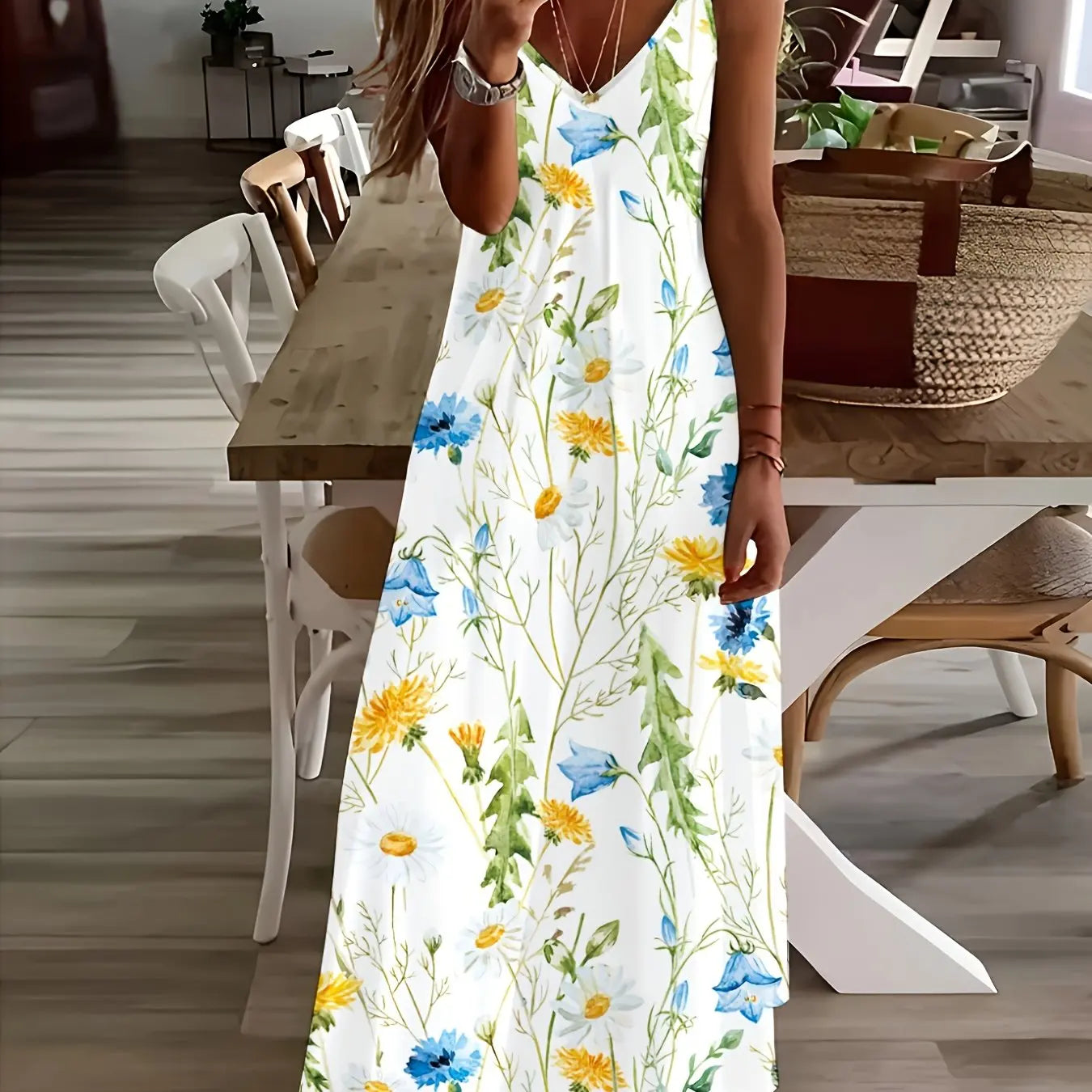 Margrit Mehrfarbig Blumen V-Ausschnitt A-Linie Damen Sommerkleid | Leicht Luftig Fliessend Strand Gartenparty Kleid | Bequem - S/M/L/XL/XL