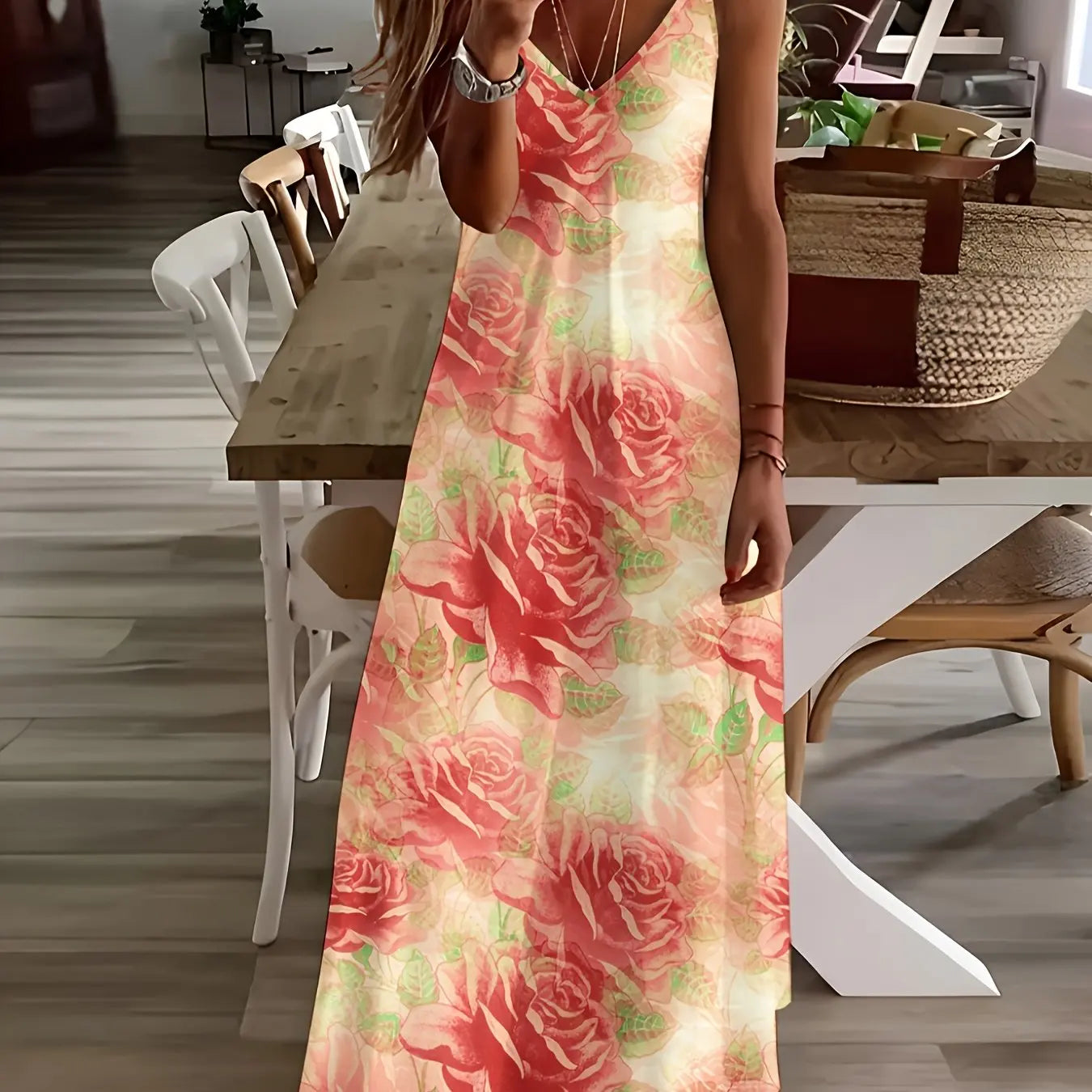 Margrit Mehrfarbig Blumen V-Ausschnitt A-Linie Damen Sommerkleid | Leicht Luftig Fliessend Strand Gartenparty Kleid | Bequem - S/M/L/XL/XL