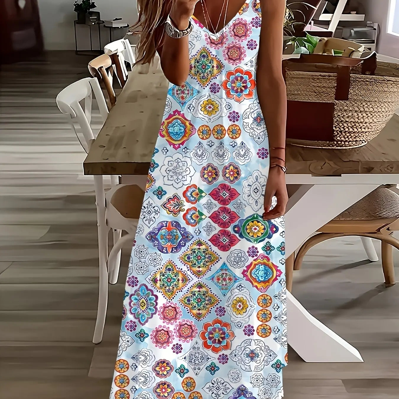 Margrit Mehrfarbig Blumen V-Ausschnitt A-Linie Damen Sommerkleid | Leicht Luftig Fliessend Strand Gartenparty Kleid | Bequem - S/M/L/XL/XL