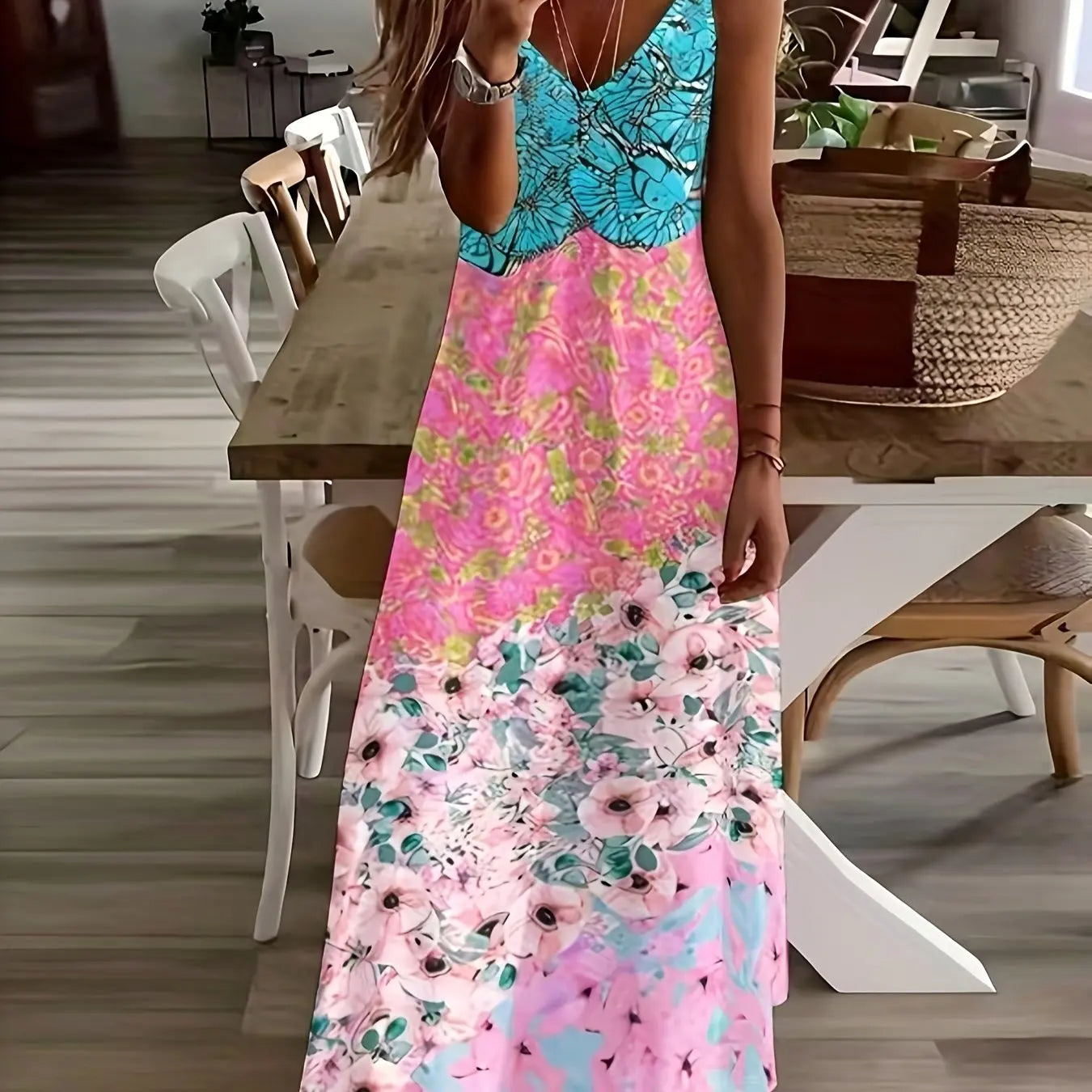 Margrit Mehrfarbig Blumen V-Ausschnitt A-Linie Damen Sommerkleid | Leicht Luftig Fliessend Strand Gartenparty Kleid | Bequem - S/M/L/XL/XL