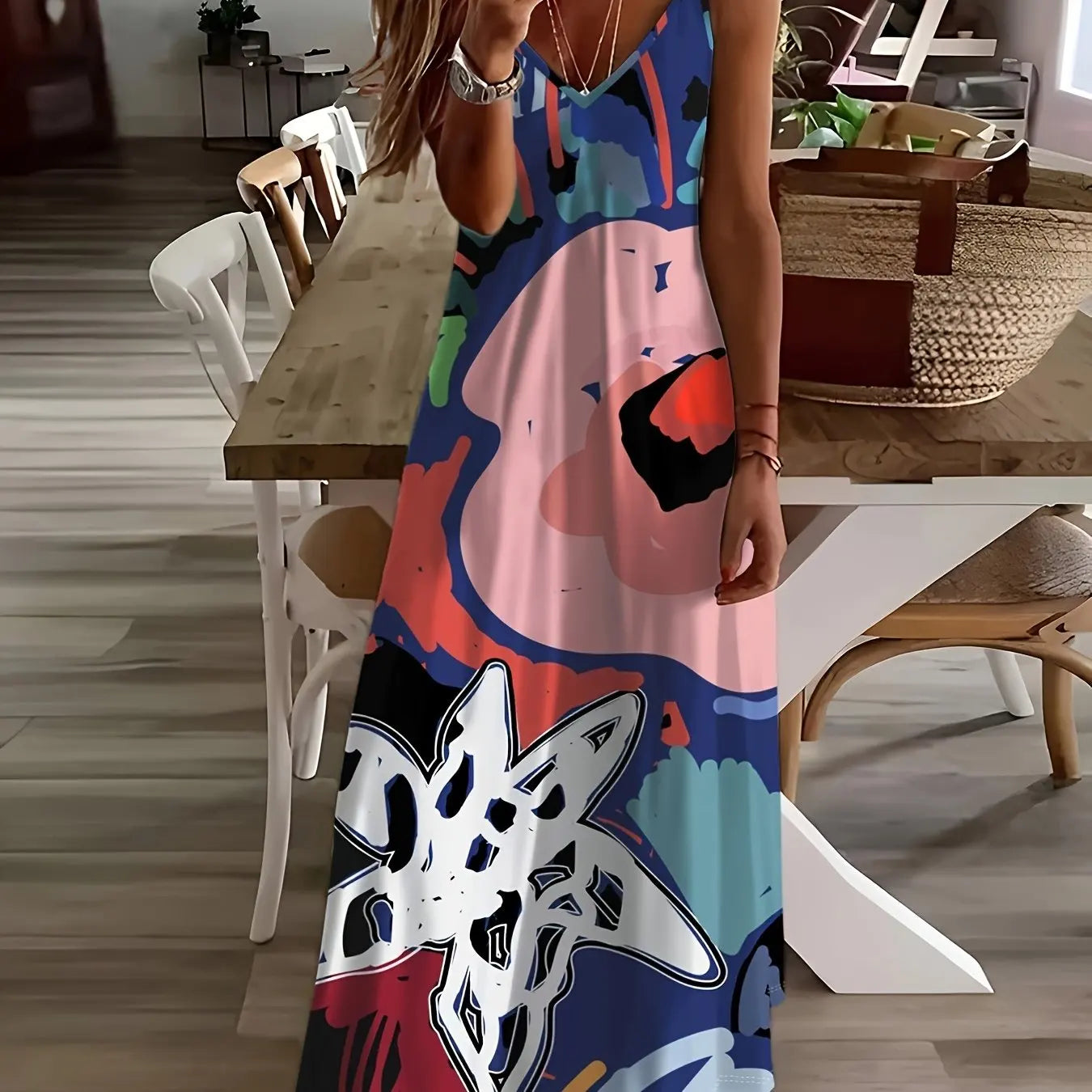 Margrit Mehrfarbig Blumen V-Ausschnitt A-Linie Damen Sommerkleid | Leicht Luftig Fliessend Strand Gartenparty Kleid | Bequem - S/M/L/XL/XL