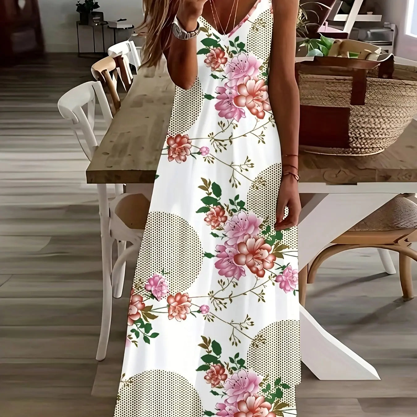 Margrit Mehrfarbig Blumen V-Ausschnitt A-Linie Damen Sommerkleid | Leicht Luftig Fliessend Strand Gartenparty Kleid | Bequem - S/M/L/XL/XL