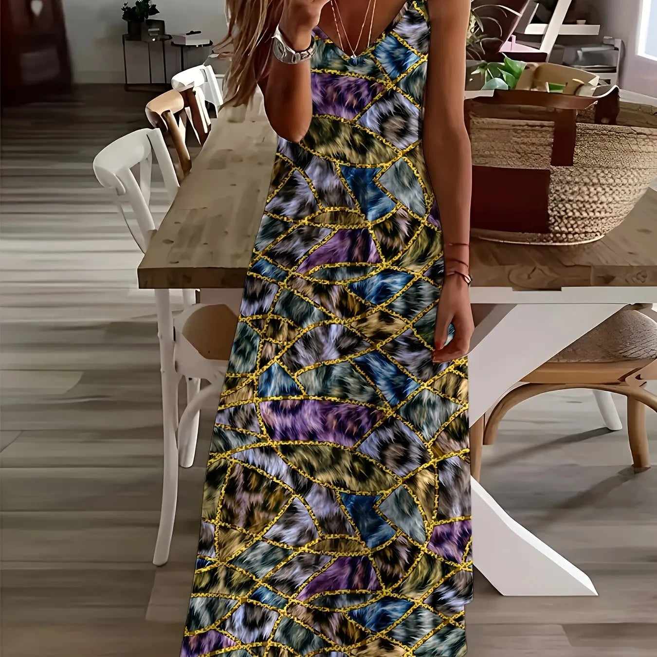 Margrit Mehrfarbig Blumen V-Ausschnitt A-Linie Damen Sommerkleid | Leicht Luftig Fliessend Strand Gartenparty Kleid | Bequem - S/M/L/XL/XL