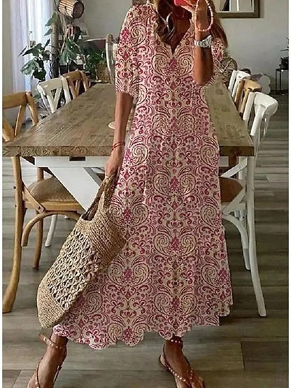 Gaby Blau Boho Midikleid mit V-Ausschnitt für Damen | Fliessender Boho Stil | Sommerurlaub und Alltag - S/M/L/XL/2XL/3XL