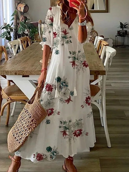 Gaby Blau Boho Midikleid mit V-Ausschnitt für Damen | Fliessender Boho Stil | Sommerurlaub und Alltag - S/M/L/XL/2XL/3XL