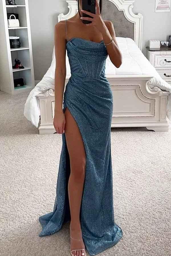 Meli Frauen Abendkleid | Glitzerndes Stretchmaterial mit Corsage, Langes Abendkleid