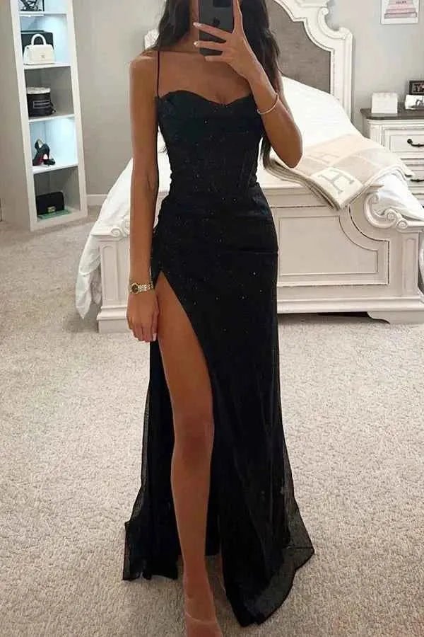 Meli Frauen Abendkleid | Glitzerndes Stretchmaterial mit Corsage, Langes Abendkleid