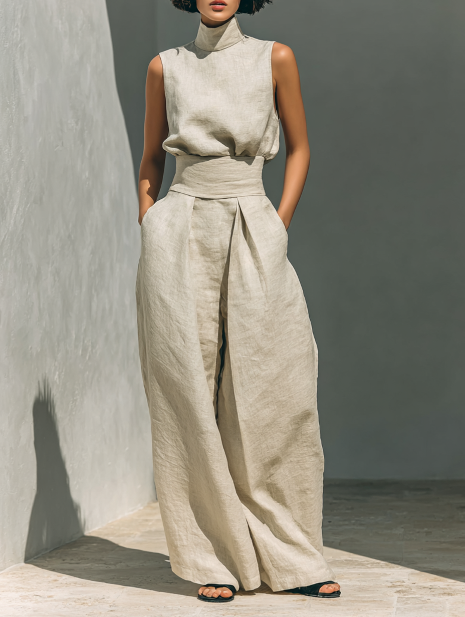 Mila Damen Ensemble | Ärmellose Bluse und Weite-Hosen aus Hochwertigem Stoff- S-3XL
