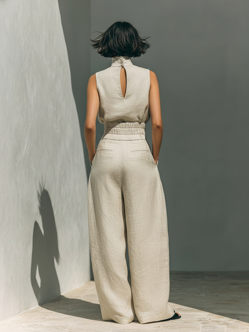 Mila Damen Ensemble | Ärmellose Bluse und Weite-Hosen aus Hochwertigem Stoff- S-3XL