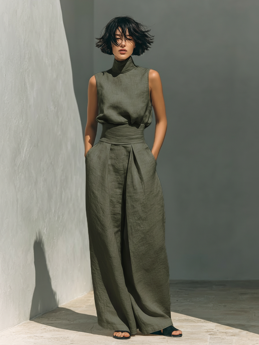 Mila Damen Ensemble | Ärmellose Bluse und Weite-Hosen aus Hochwertigem Stoff- S-3XL