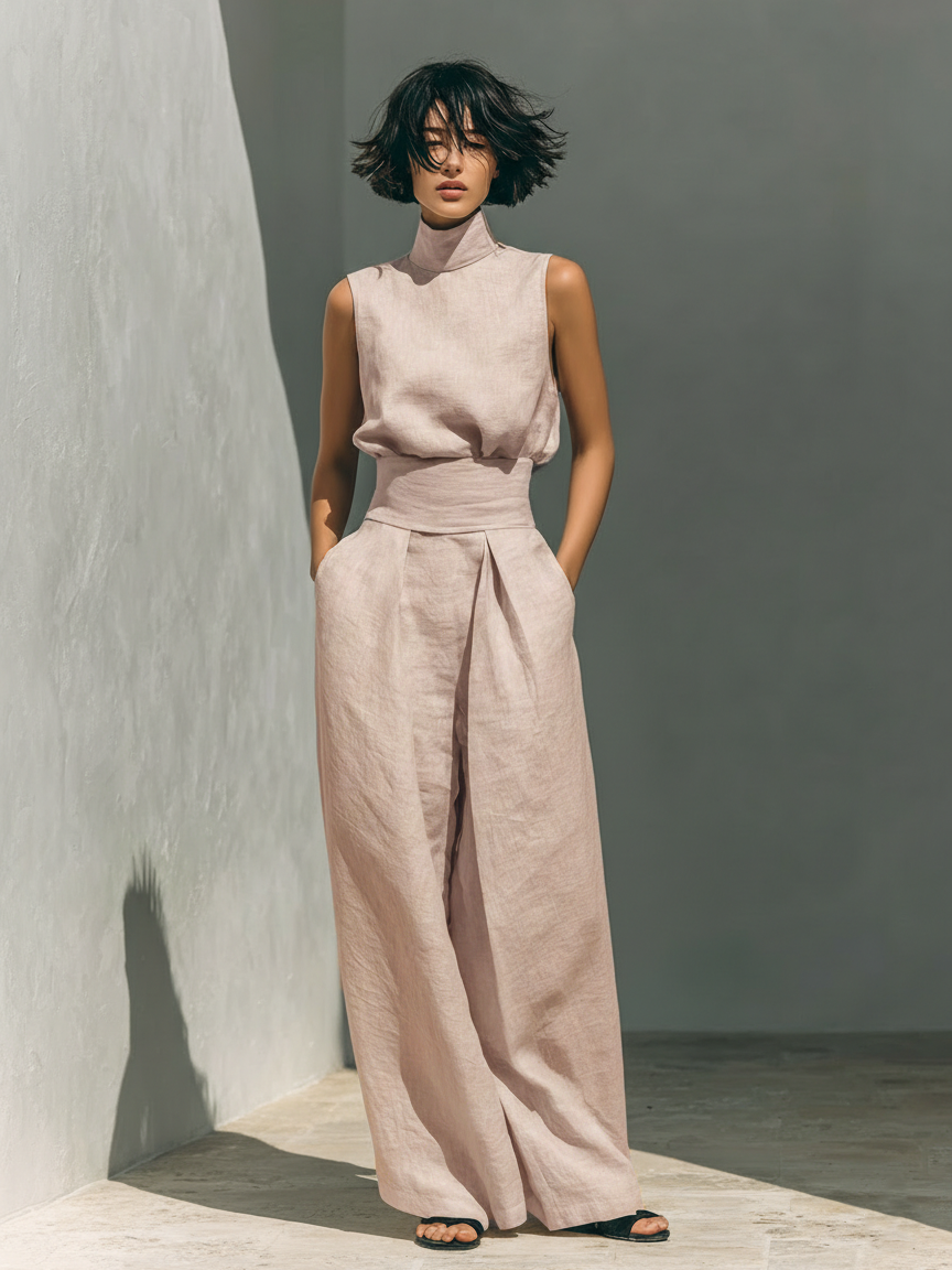 Mila Damen Ensemble | Ärmellose Bluse und Weite-Hosen aus Hochwertigem Stoff- S-3XL