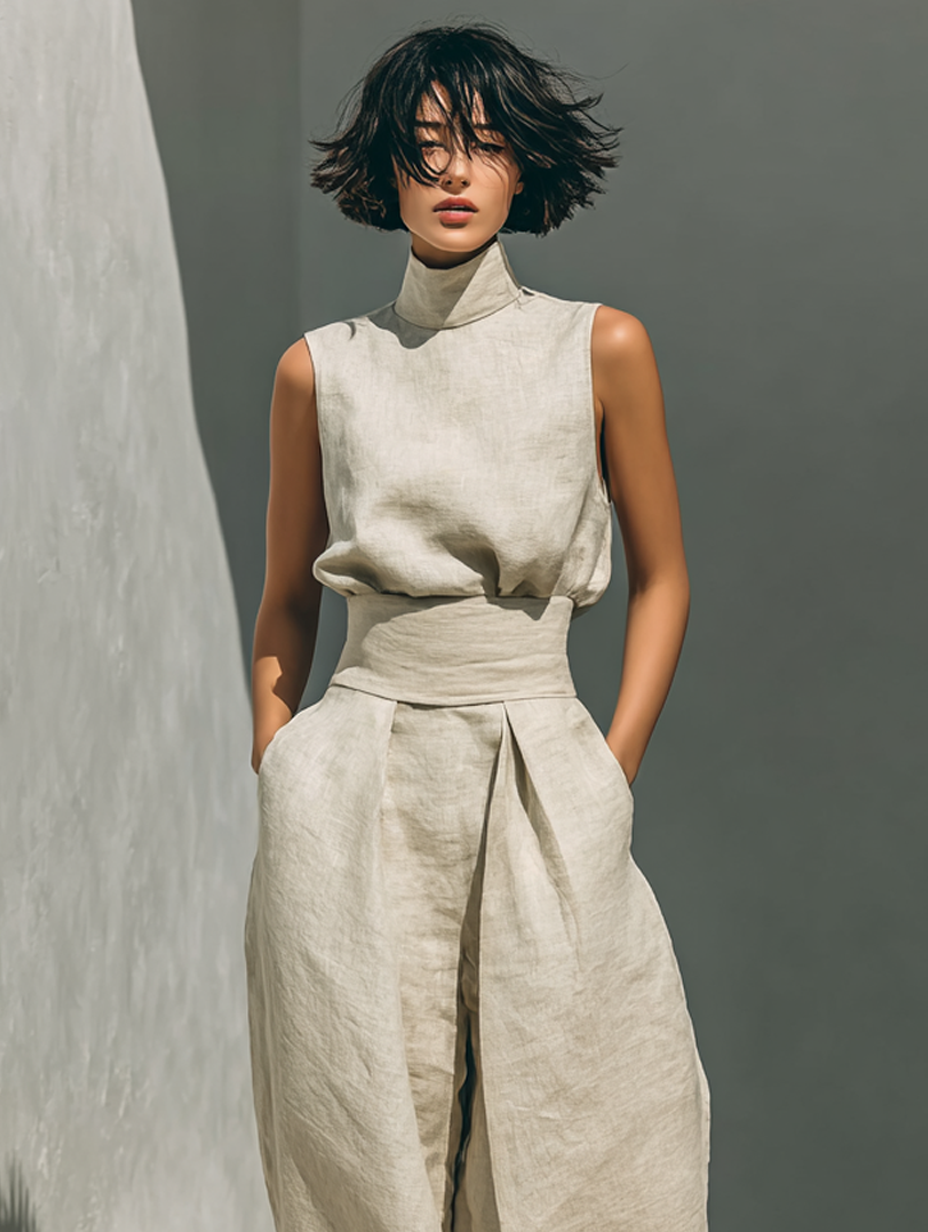 Mila Damen Ensemble | Ärmellose Bluse und Weite-Hosen aus Hochwertigem Stoff- S-3XL