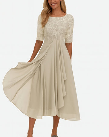 Mila Damen Midi Kleid | Chiffon mit Spitzenoberteil, Elegant für Feste- S-3XL