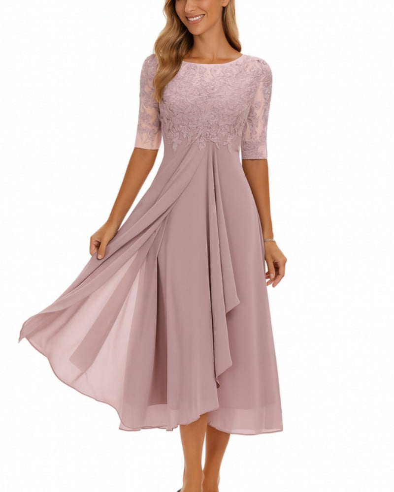 Mila Damen Midi Kleid | Chiffon mit Spitzenoberteil, Elegant für Feste- S-3XL