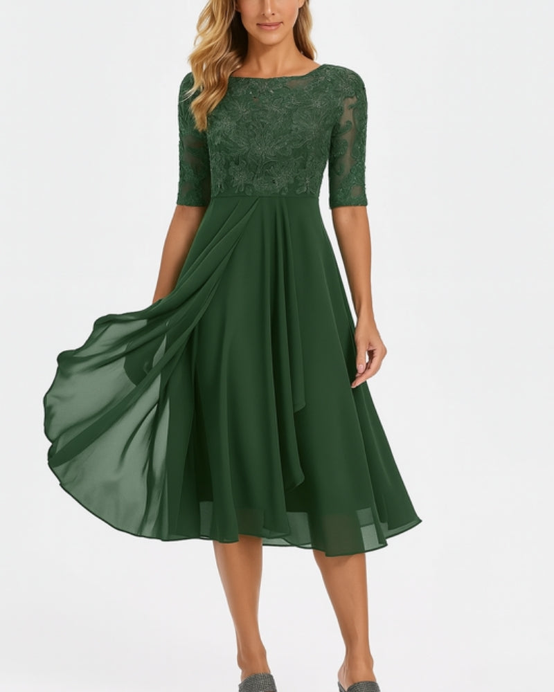 Mila Damen Midi Kleid | Chiffon mit Spitzenoberteil, Elegant für Feste- S-3XL