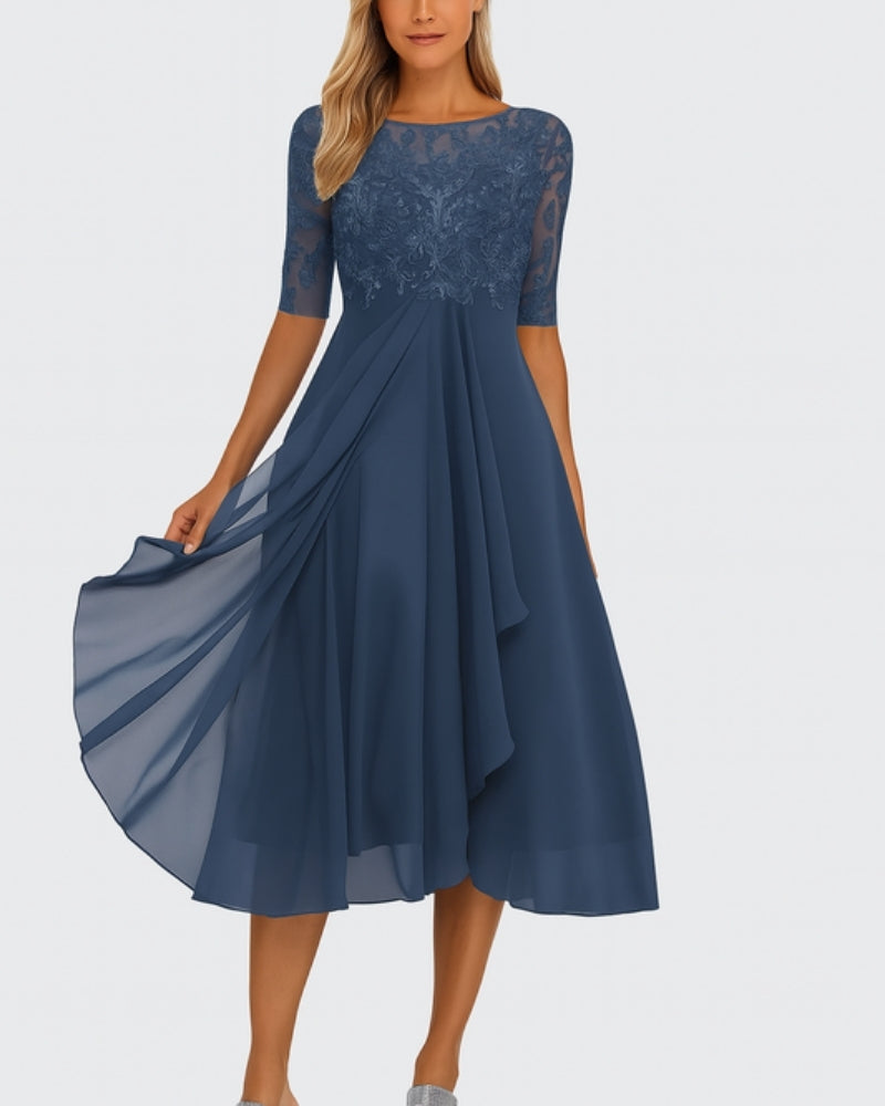 Mila Damen Midi Kleid | Chiffon mit Spitzenoberteil, Elegant für Feste- S-3XL