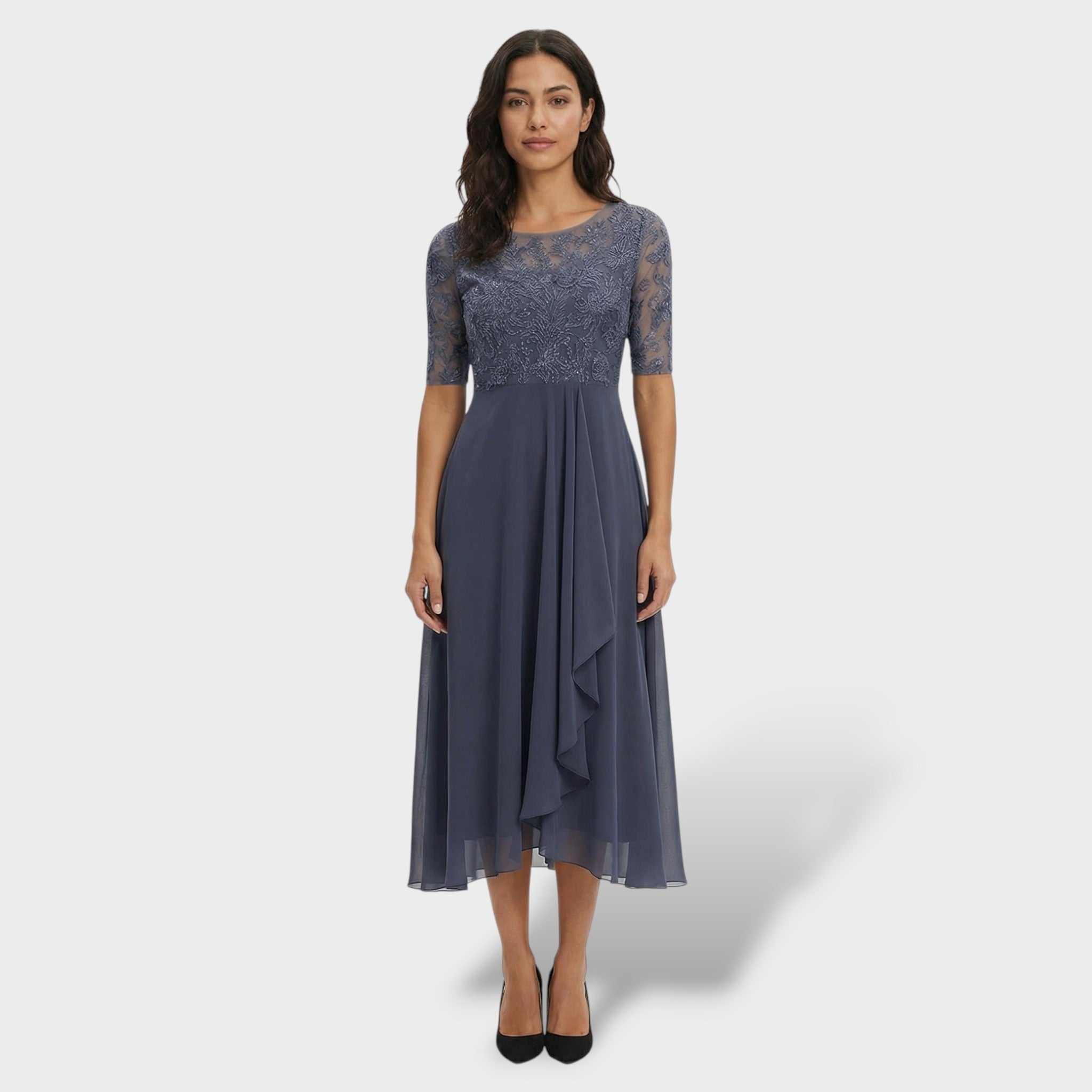 Mila Damen Midi Kleid | Schlichte Eleganz, Rundhalsausschnitt
