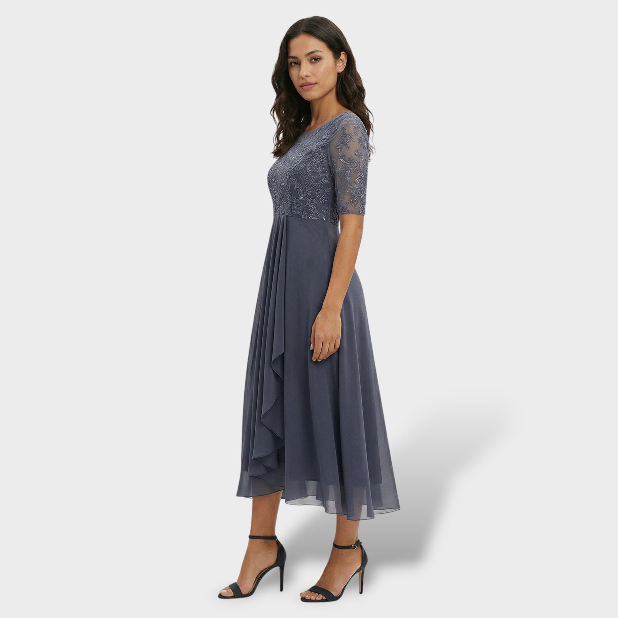Mila Damen Midi Kleid | Schlichte Eleganz, Rundhalsausschnitt