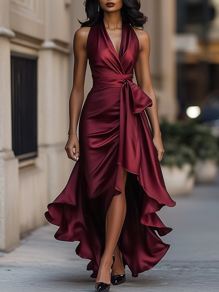 Mira Damen Langes Abendkleid | Wickelstil, Fließender Saum-XS-2XL