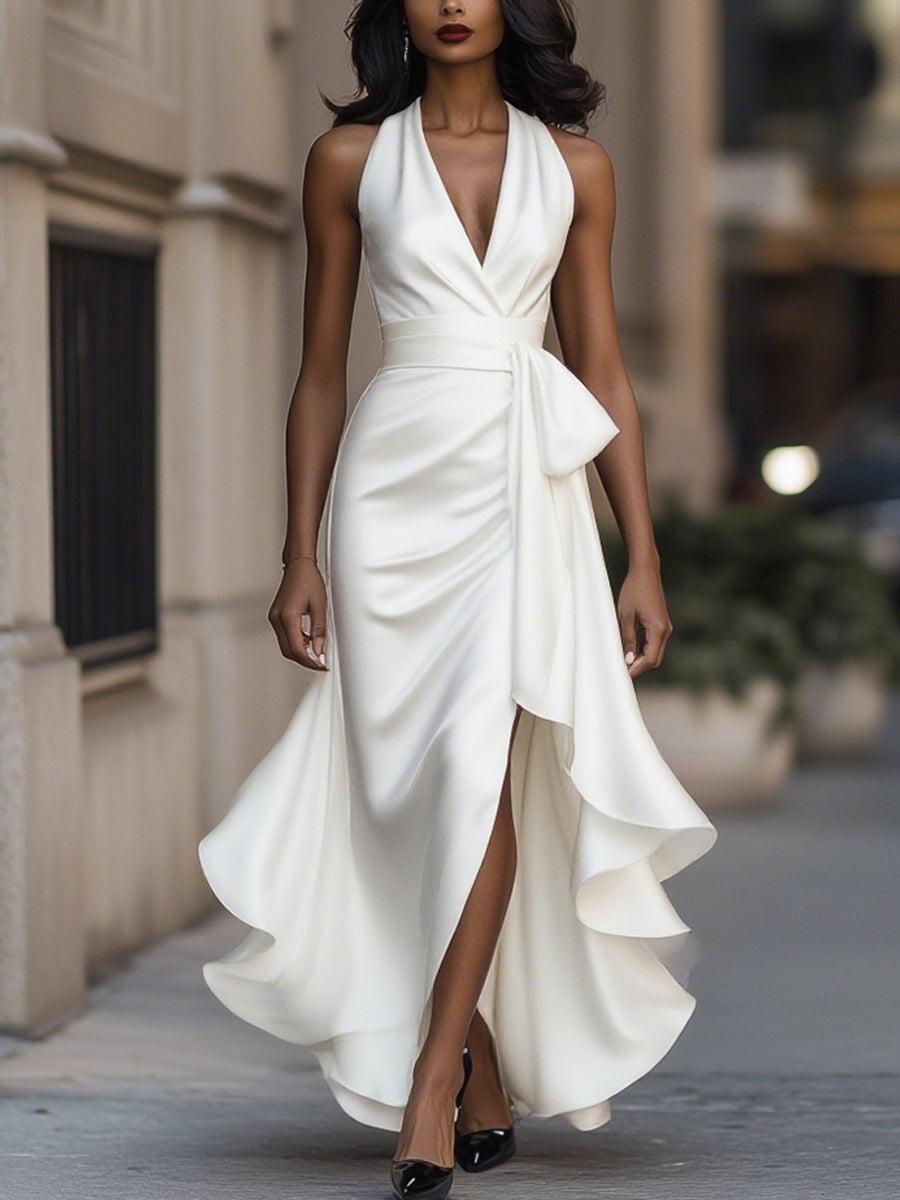 Mira Damen Langes Abendkleid | Wickelstil, Fließender Saum-XS-2XL