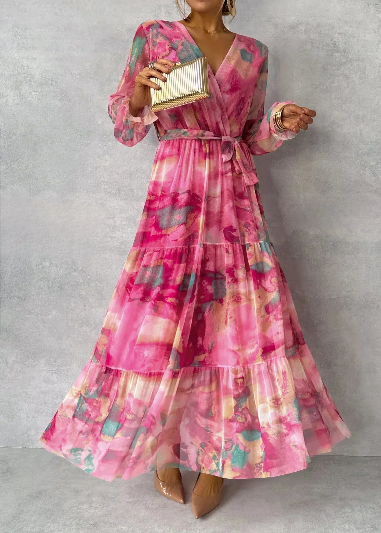Mira Damen Maxikleid | V-Ausschnitt, Wickeloptik, Lange Ärmel