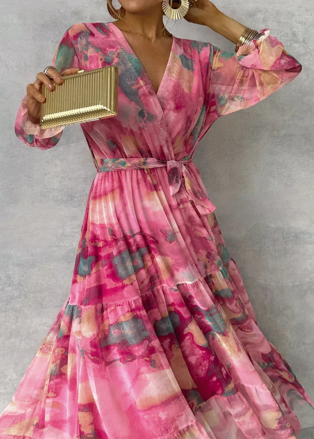 Mira Damen Maxikleid | V-Ausschnitt, Wickeloptik, Lange Ärmel