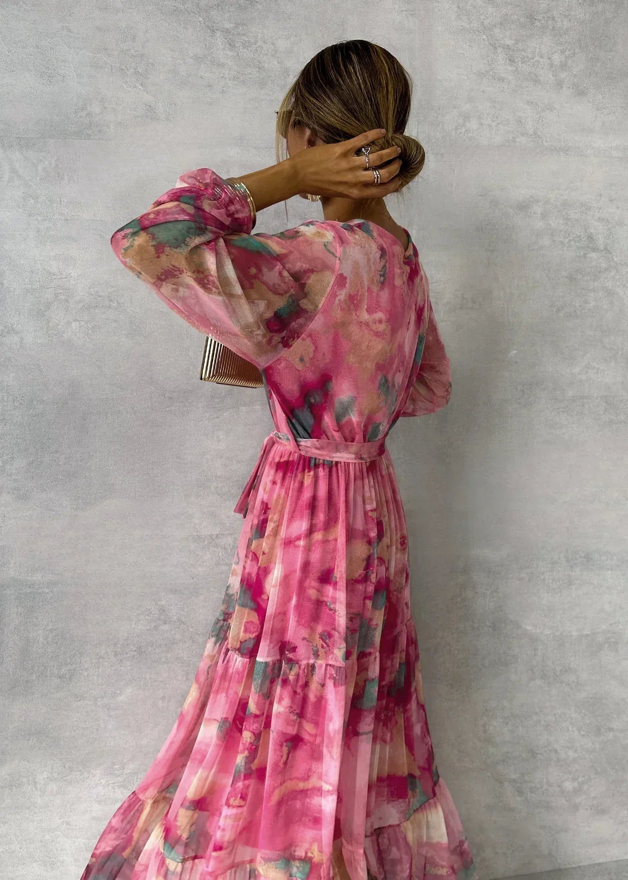 Mira Damen Maxikleid | V-Ausschnitt, Wickeloptik, Lange Ärmel
