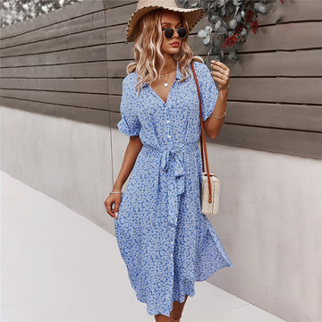 Mira Damen Midikleid | V-Ausschnitt, Blumenmuster aus Baumwollmix