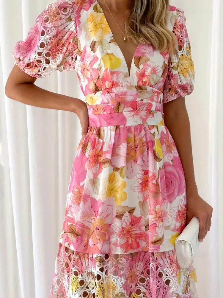 Heidi Multicolor Patchwork V-Ausschnitt Rueschen Damen Maxikleid | Elegant Luftig Puffaermel Sommer Strandkleid | Fliessend - S/M/L/XL