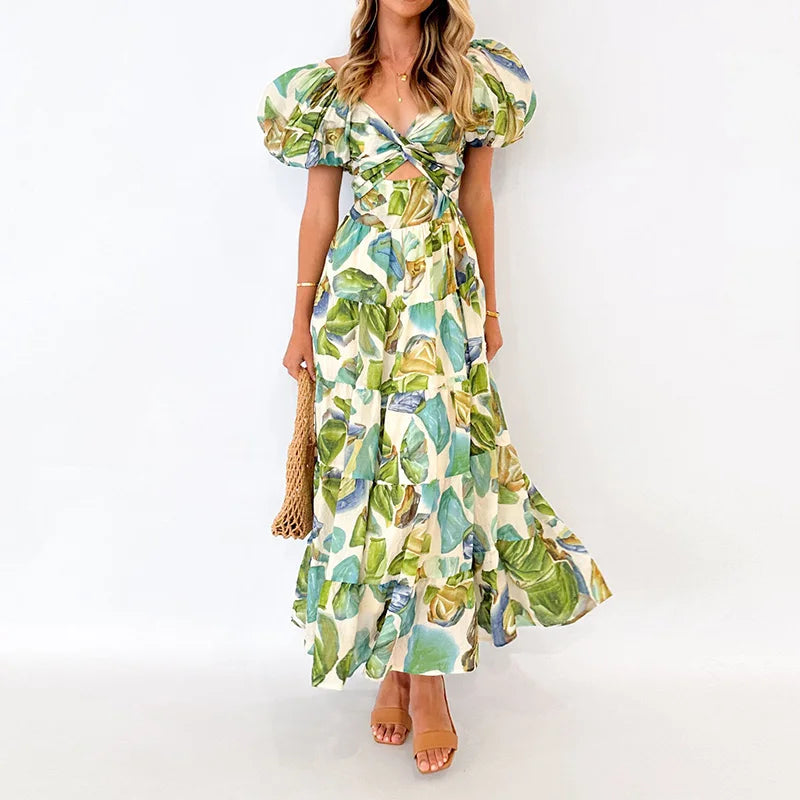 Heidi Multicolor Patchwork V-Ausschnitt Rueschen Damen Maxikleid | Elegant Luftig Puffaermel Sommer Strandkleid | Fliessend - S/M/L/XL