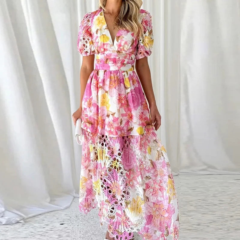Heidi Multicolor Patchwork V-Ausschnitt Rueschen Damen Maxikleid | Elegant Luftig Puffaermel Sommer Strandkleid | Fliessend - S/M/L/XL