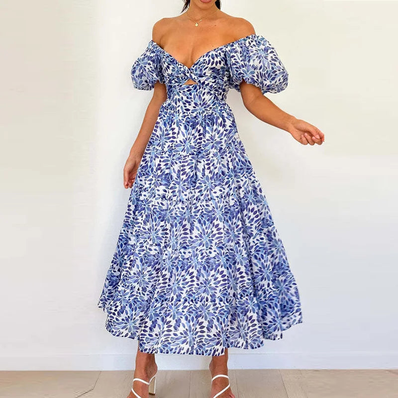 Heidi Multicolor Patchwork V-Ausschnitt Rueschen Damen Maxikleid | Elegant Luftig Puffaermel Sommer Strandkleid | Fliessend - S/M/L/XL